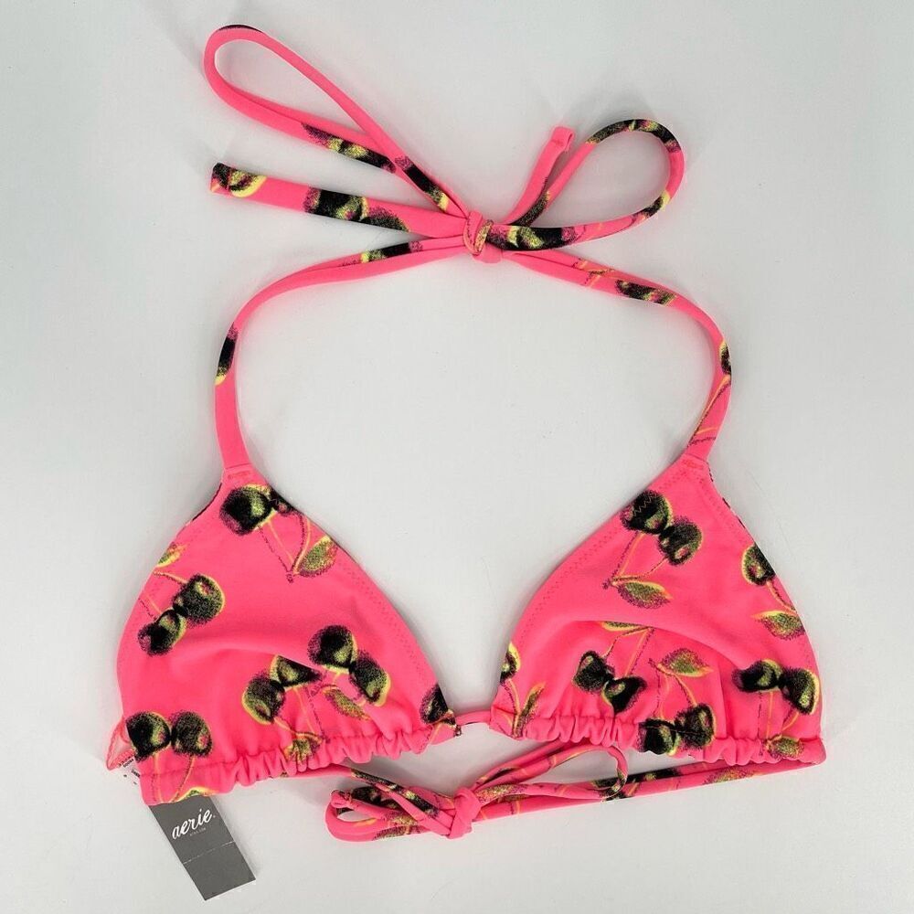 Aerie Reversible Triangle Bikini Top Cherry Abstract Print Women XS Pink NWT